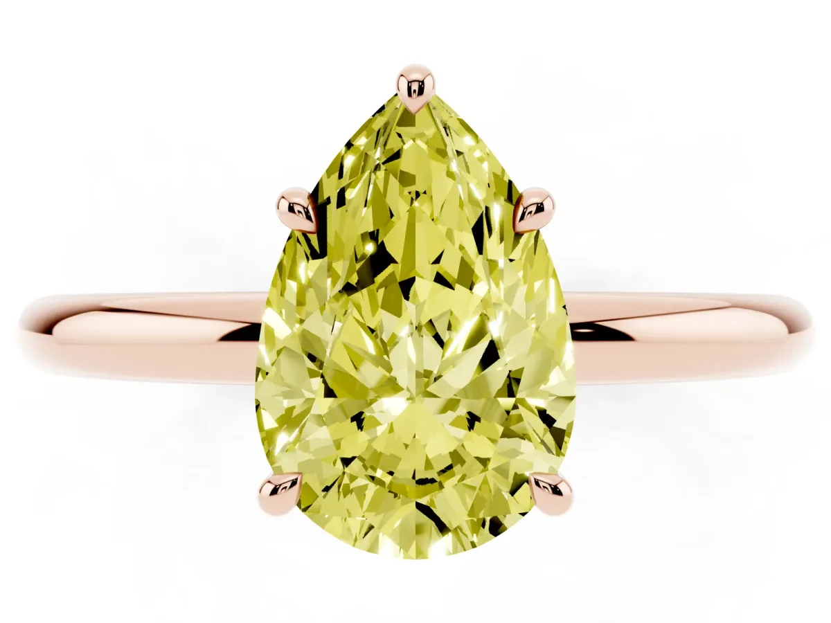 Fancy Yellow Pear Cut Diamond Solitaire Ring with Thin Band and Four-Prong Setting Rose gold