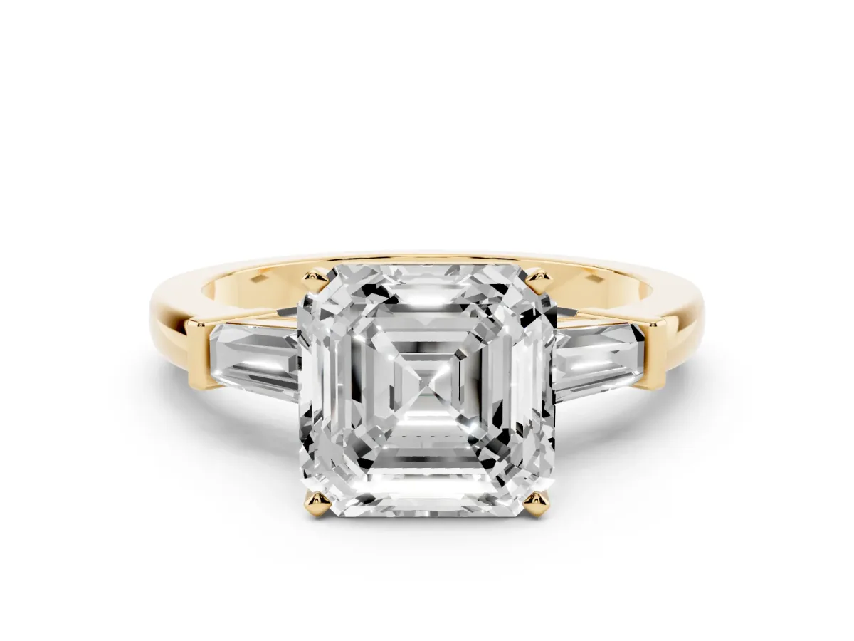 Asscher Cut Cut Diamond Solitaire Ring with Tapered Baguette Accents and Four-Prong Setting Yellow gold