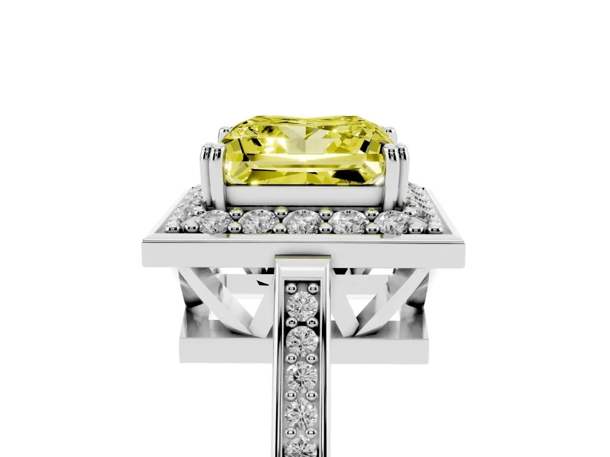 Fancy Yellow Princess Cut Diamond Halo Ring with Split Shank and Four-Prong Setting Silver