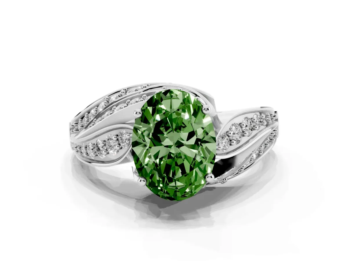 Fancy Green Oval Cut Diamond Solitaire Ring with Prong Setting and Twisted Pavé Band Silver
