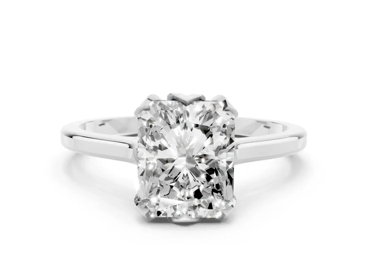 Radiant Cut Diamond Solitaire Ring with Flower Prong Setting and Classic Band Silver