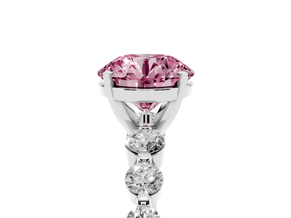 Fancy Pink Round Cut Solitaire Diamond Ring with Pave Band and Four-Prong Setting Platinum