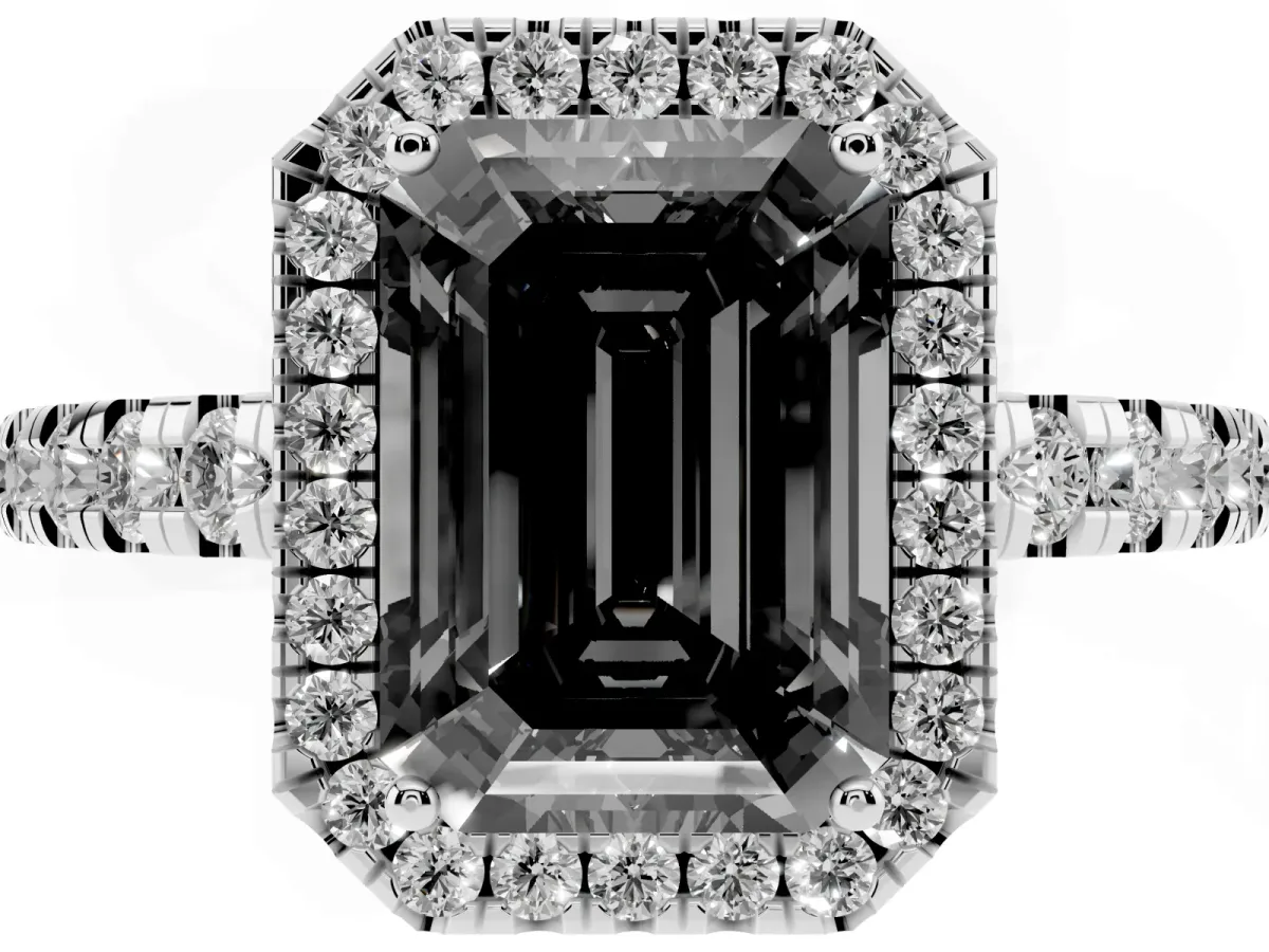 Fancy Black Emerald Cut Diamond Halo Ring with Pavé Band and Four-Prong Setting Platinum