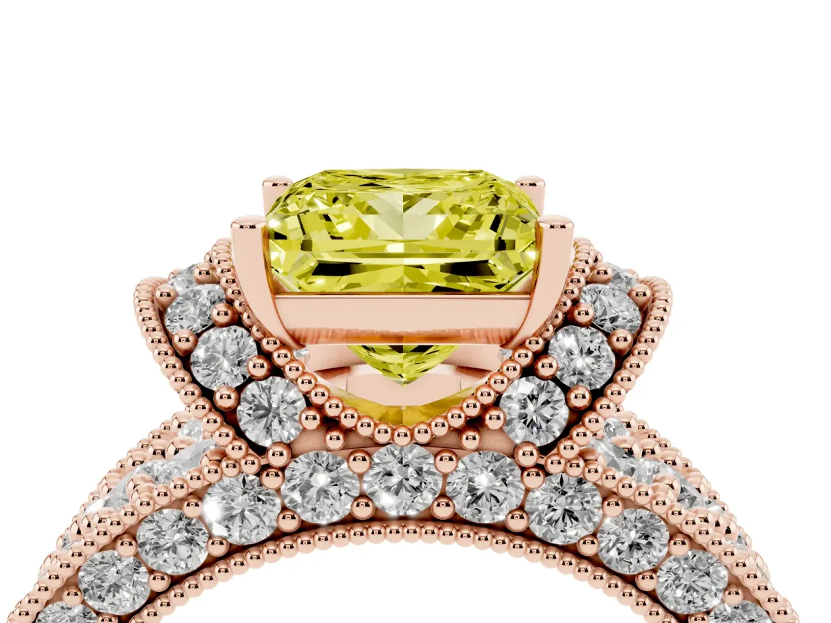 Fancy Yellow Princess Cut Halo Pave Diamond Engagement Ring with Milgrain Detailing Rose gold