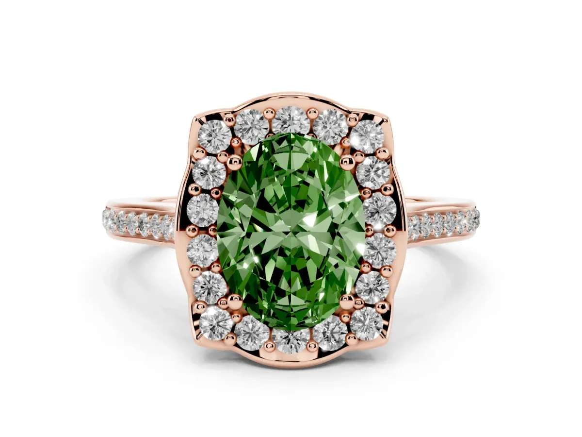 Fancy Green Oval Cut Halo Round Diamond Pave Band with Four-Prong Setting Rose gold