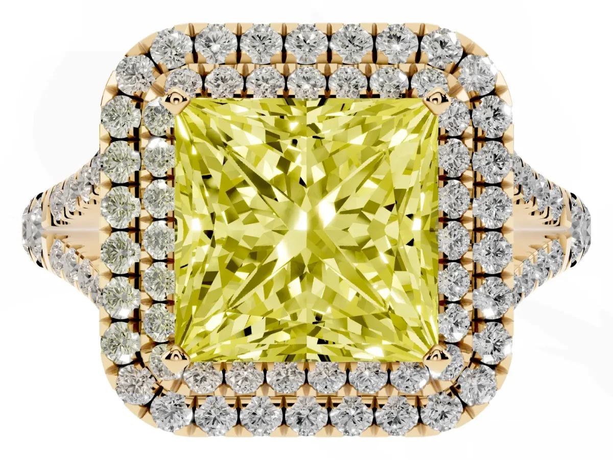 Fancy Yellow Princess Cut Cut Double Halo Split Shank Diamond Ring with Prong Setting Yellow gold