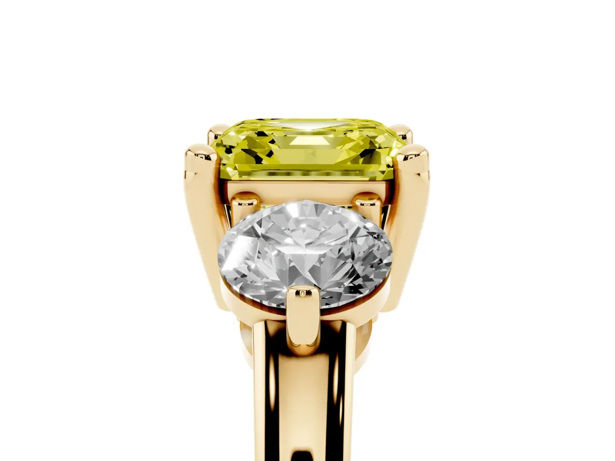 Fancy Yellow Three-Stone Asscher Cut Brilliant Cut Solitaire Ring with Prong Setting on a Classic Band Yellow gold