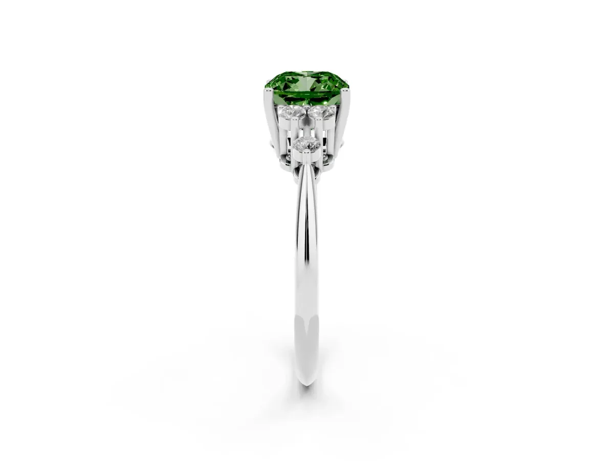 Fancy Green Cushion Cut Cut Diamond Cluster Ring with Solitaire Band and Four-Prong Setting Silver