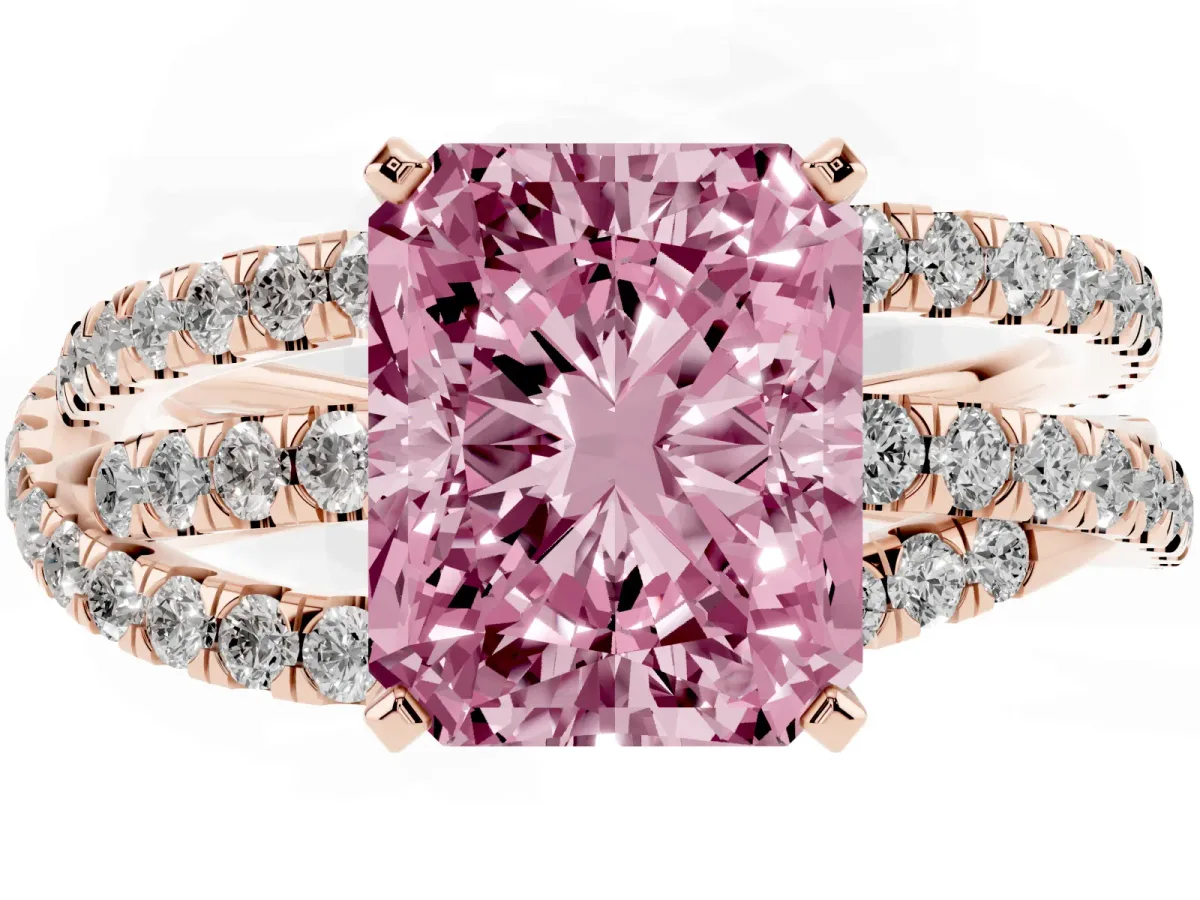 Fancy Pink Radiant Cut Solitaire Twist Band with Pavé Setting and Four-Prong Setting Rose gold