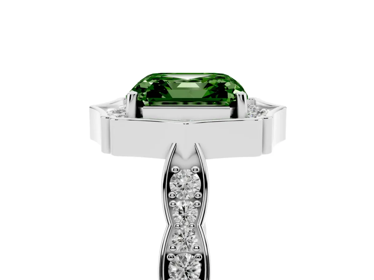 Fancy Green Asscher Cut Halo Diamond Engagement Ring with Milgrain Band and Four-Prong Setting Platinum
