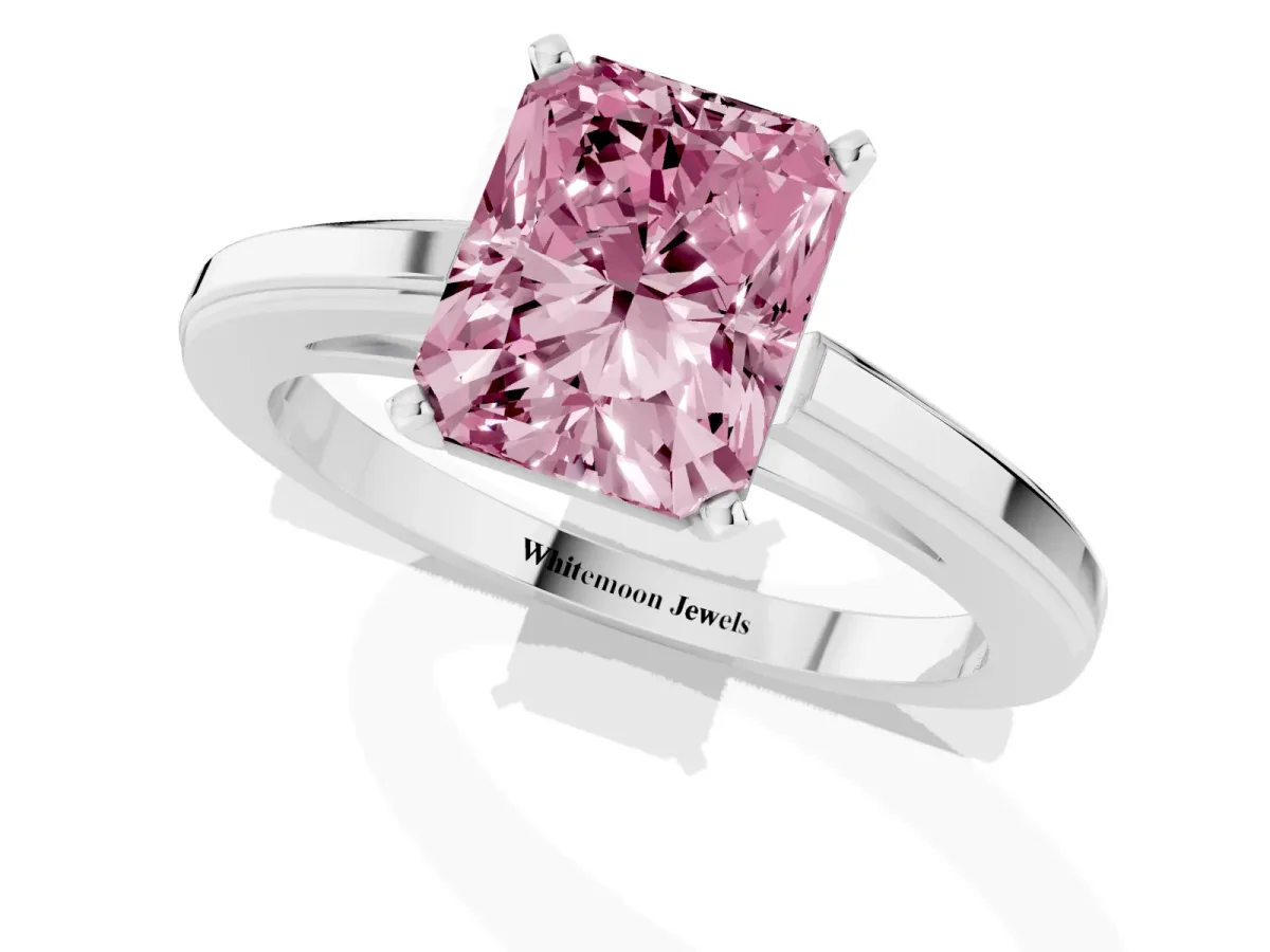 Fancy Pink Radiant Cut Solitaire Diamond Ring with Four-Prong Setting and Classic Band Silver