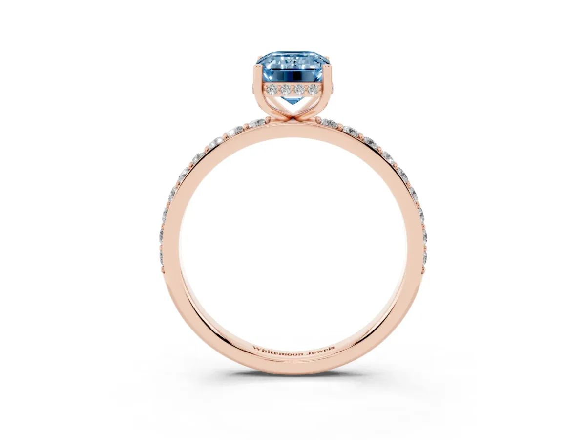 Fancy Blue Emerald Cut Diamond Solitaire Ring with Pavé Band and Hidden Halo Rose gold