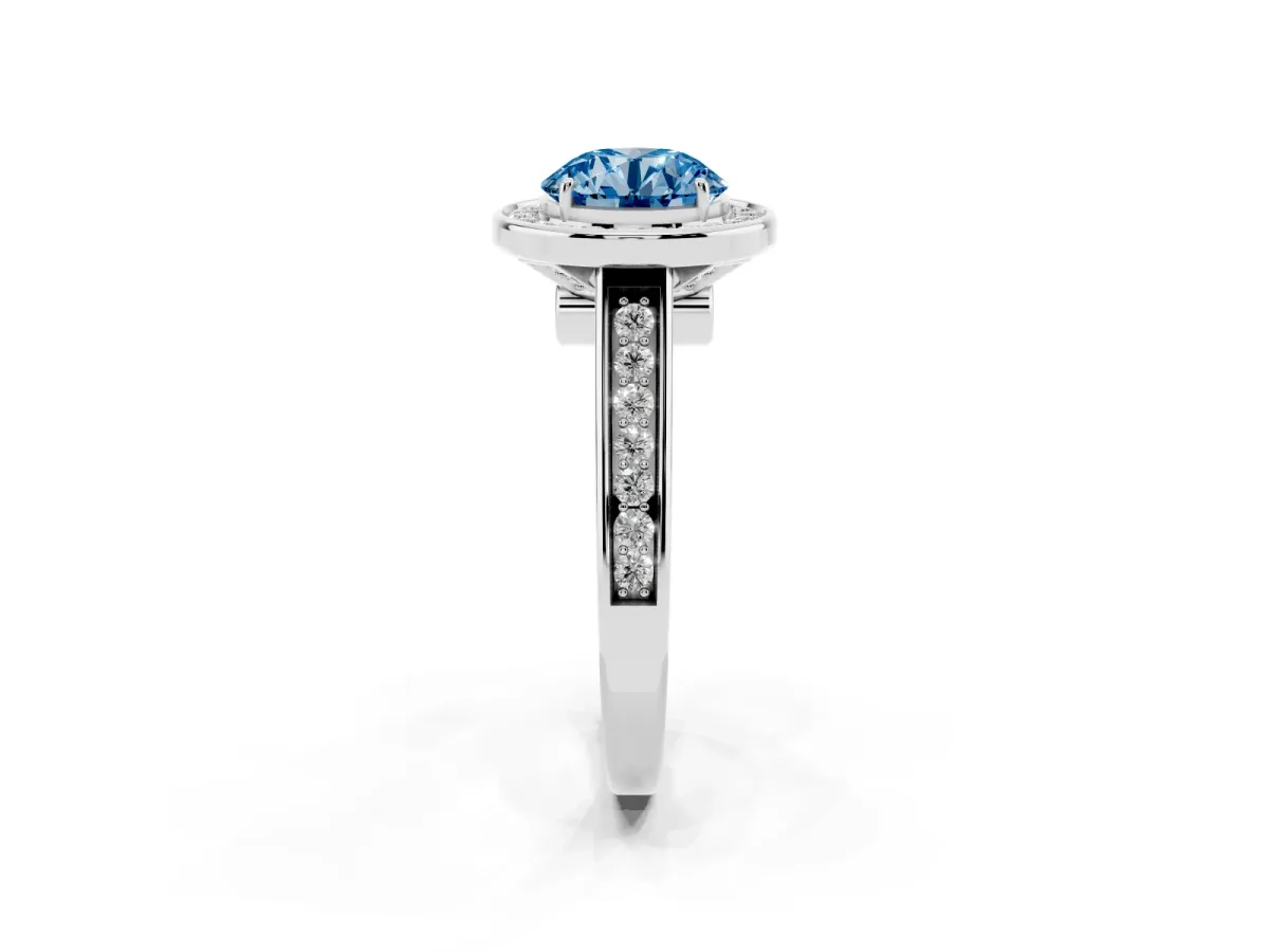 Fancy Blue Round Cut Halo Solitaire Diamond Ring with Pave Band and Bezel Setting Silver