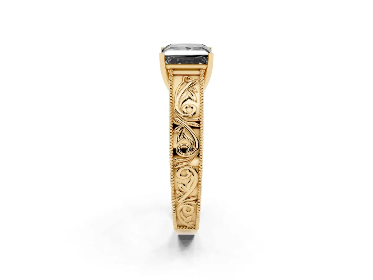 Fancy Black Princess Cut Diamond Solitaire Ring with Engraved Band and Four-Prong Setting Yellow gold