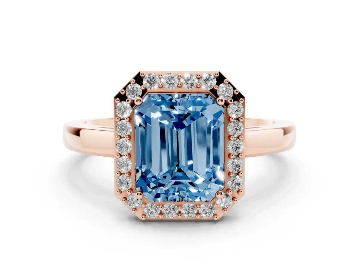 Fancy Blue Radiant Cut Halo Diamond Ring with Solitaire Band and Prong Setting Rose gold