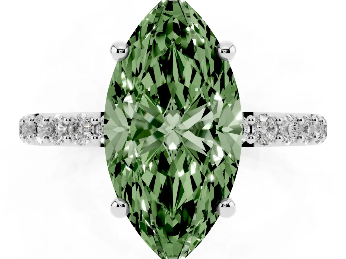 Fancy Green Marquise Cut Diamond Solitaire Ring with Round Pavé Band and Prong Setting Silver