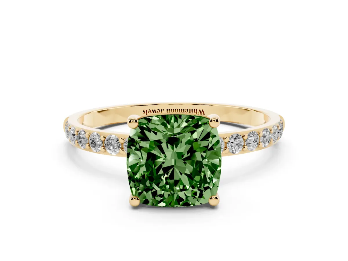 Fancy Green Cushion Cut Diamond Solitaire Ring with Round Pavé Shoulders and Prong Setting Yellow gold