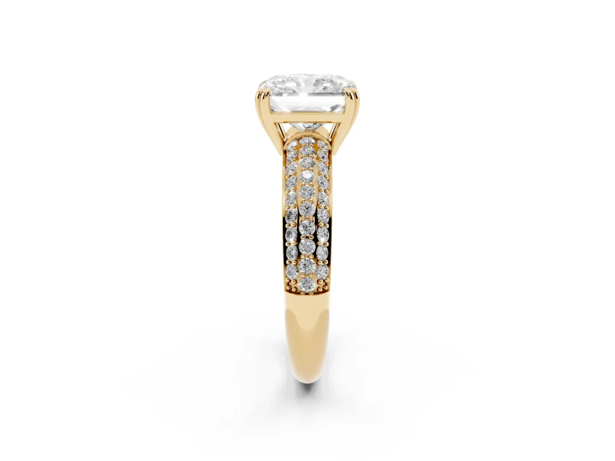 Radiant Cut Diamond Solitaire Ring with Multi-Row Round Pavé Band and Prong Setting Yellow gold