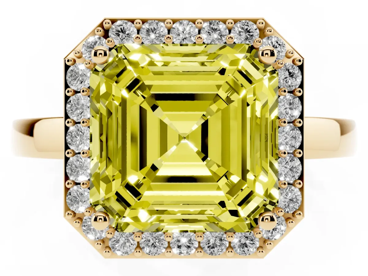 Fancy Yellow Asscher Cut Halo Diamond Ring with Solitaire Band and Prong Setting Yellow gold