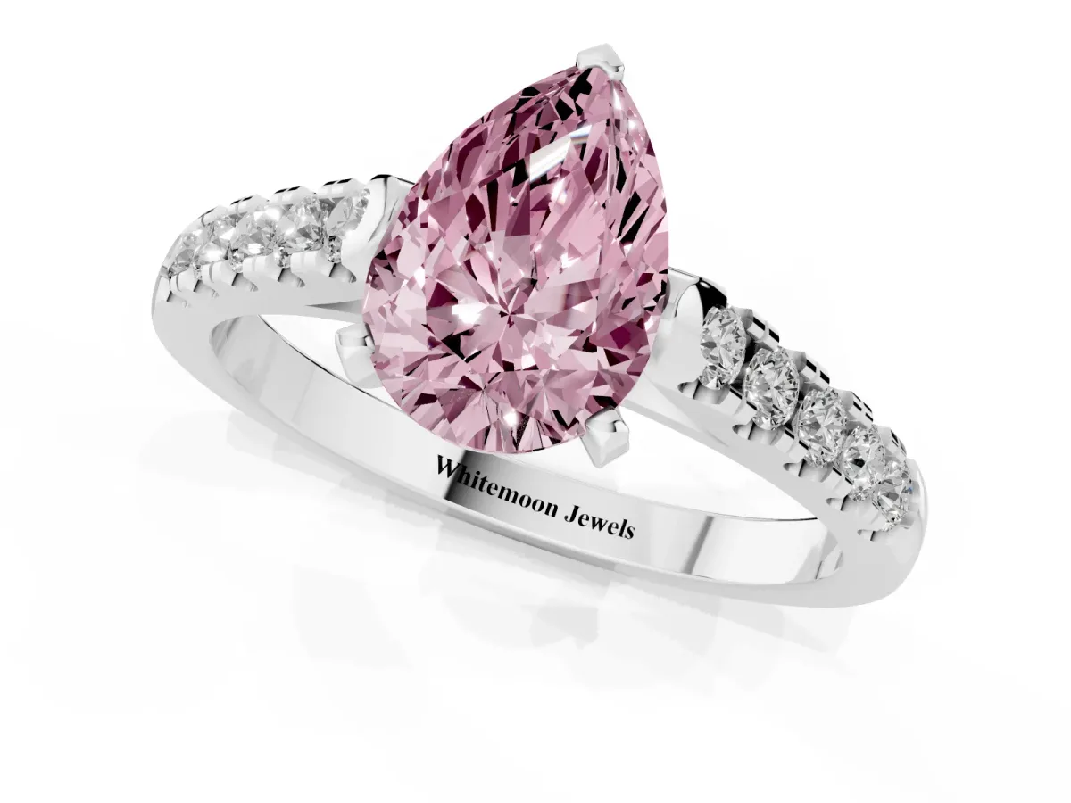 Fancy Pink Pear Cut Diamond Pavé Band Solitaire Ring with Prong Setting Silver