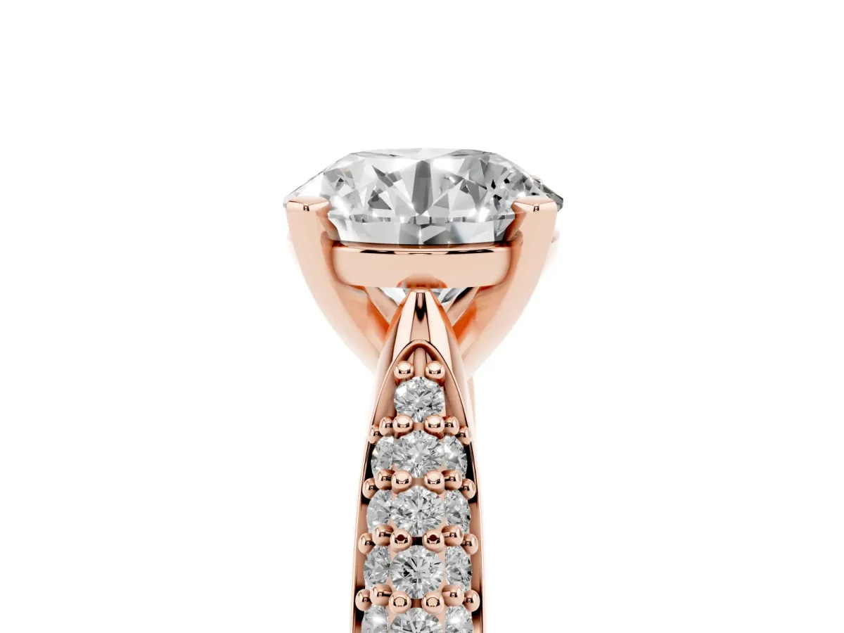 Round Cut Diamond Solitaire Engagement Ring with Multi-Row Round Pavé Band and Prong Setting Rose gold