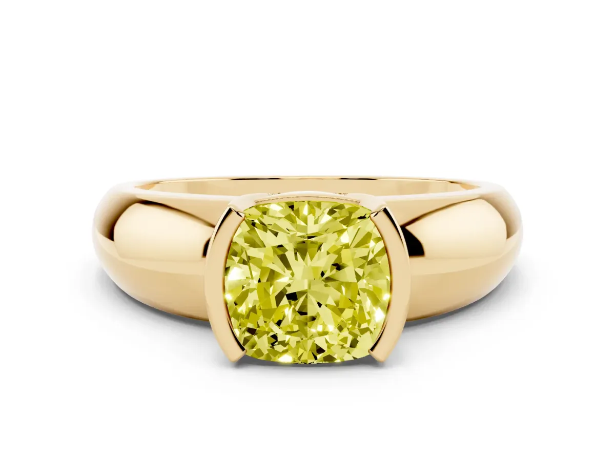 Fancy Yellow Cushion Cut Solitaire Tension Set Diamond Ring with Wide Band Yellow gold