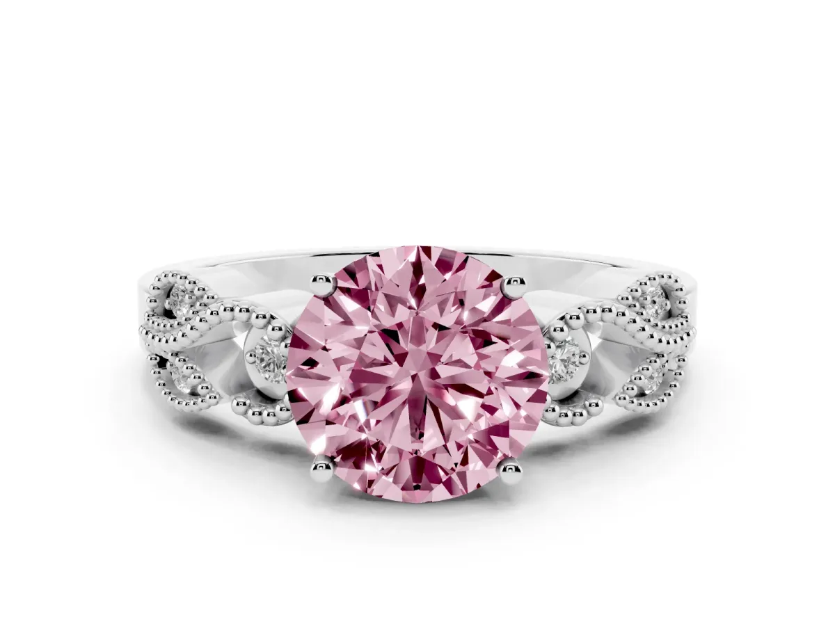 Fancy Pink Round Cut Solitaire Milgrain Leaf Band with Prong Setting Silver