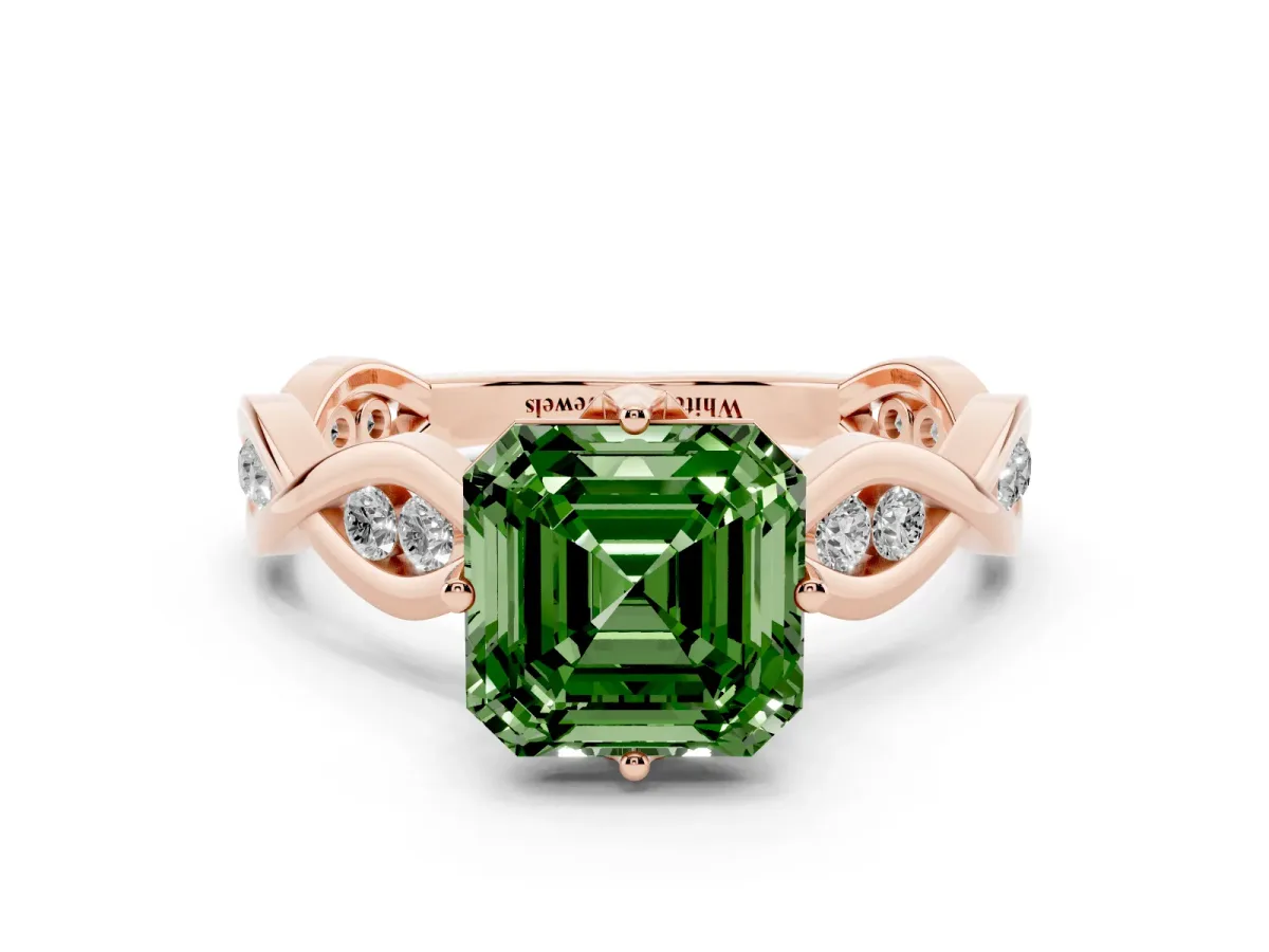 Fancy Green Asscher Cut Solitaire Twist Band with Leaf Prong Setting Rose gold