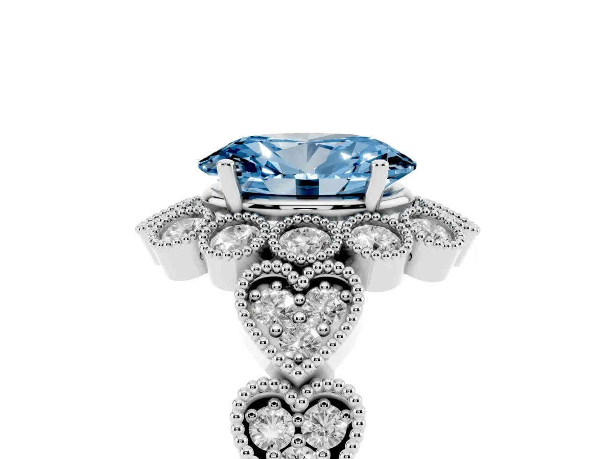 Fancy Blue Oval Cut Brilliant Milgrain Pave Heart Band Solitaire Ring Platinum
