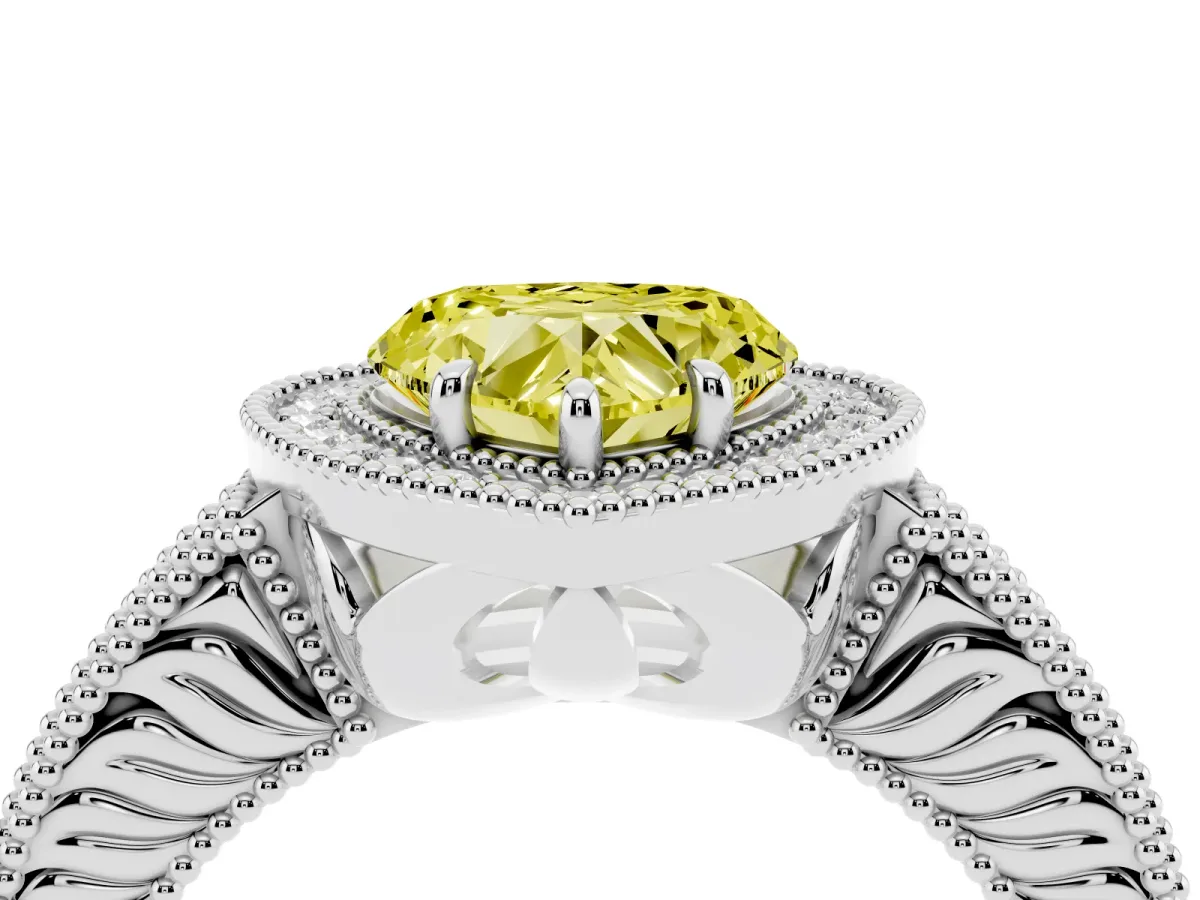 Fancy Yellow Heart Cut Cut Halo Diamond Ring with Pavé Band and Four-Prong Setting White gold