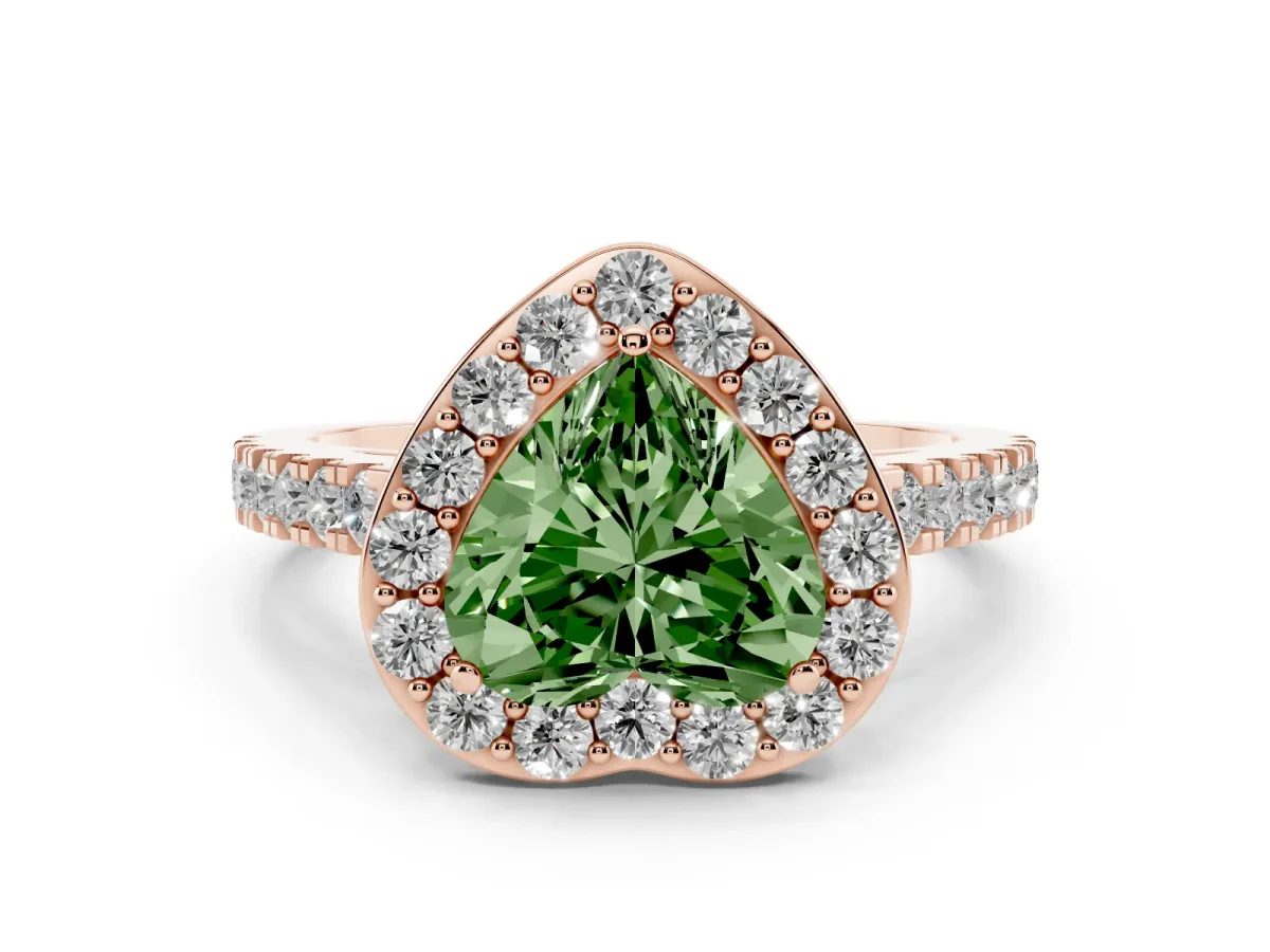 Fancy Green Heart Cut Diamond Halo Ring with Round Pavé Split Shank and Prong Setting Rose gold