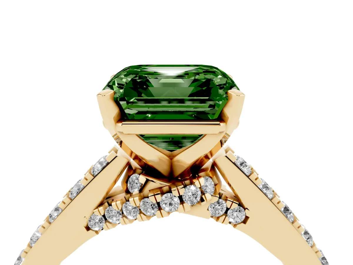 Fancy Green Asscher Cut Diamond Solitaire Ring with Crossover Gallery and Round Pavé Band Yellow gold