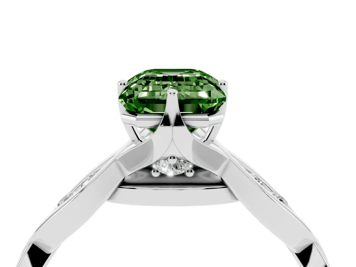 Fancy Green Emerald Cut Solitaire Twist Band with Leaf Prong Setting Silver