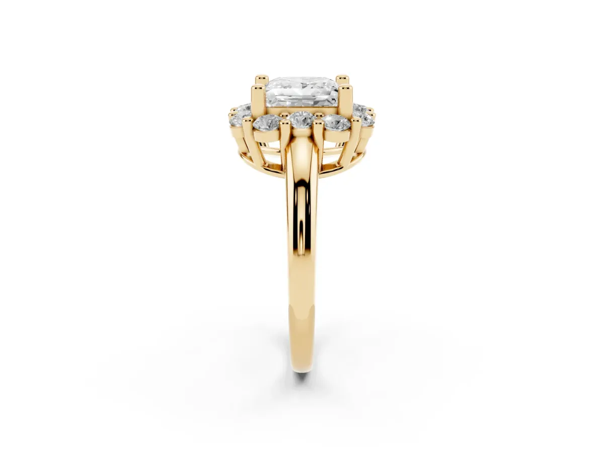 Princess Cut Halo Cluster Diamond Engagement Ring with Prong Setting and Polished Band Yellow gold