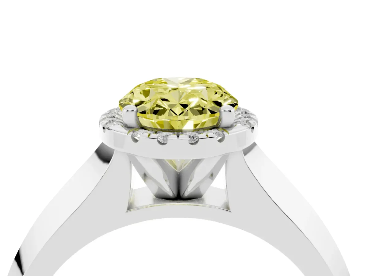 Fancy Yellow Oval Cut Halo Diamond Ring with Cathedral Band and Four-Prong Setting Platinum
