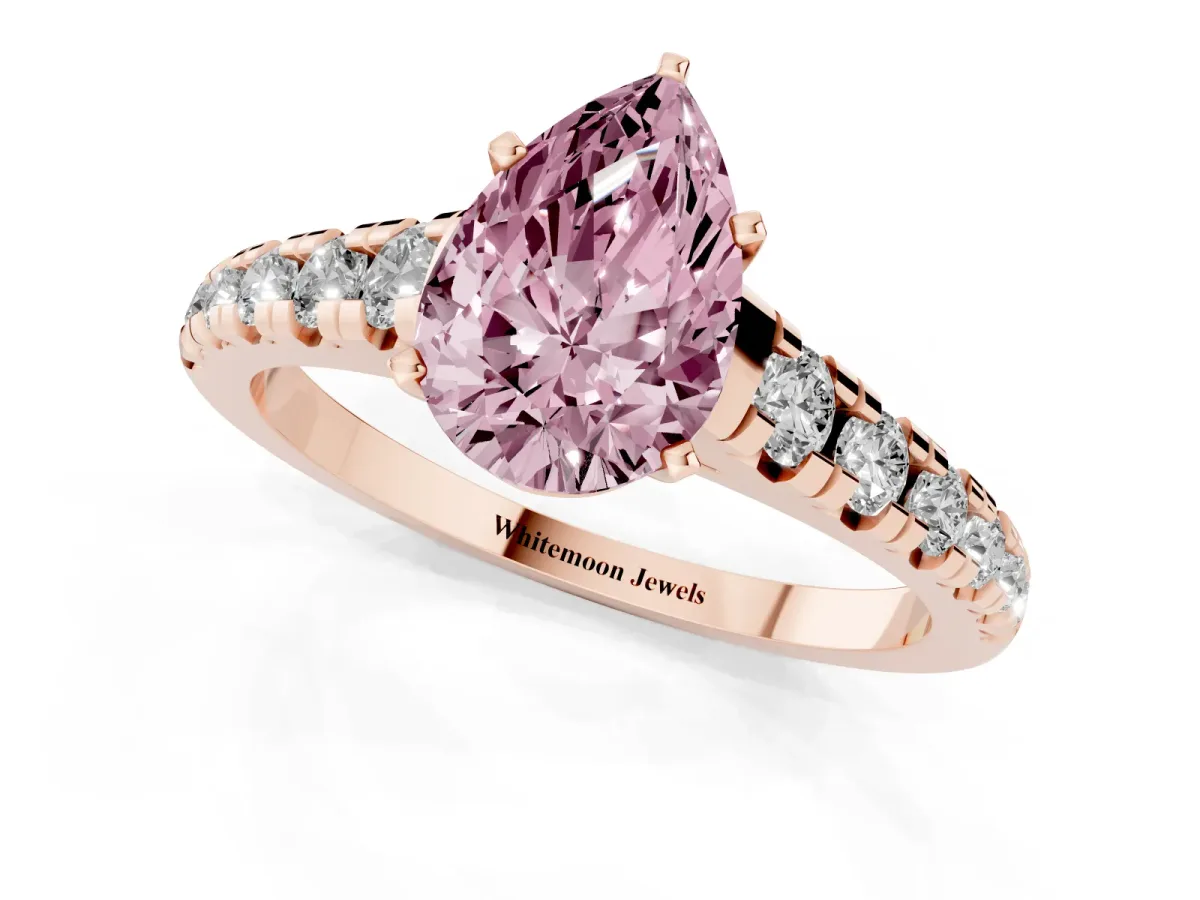 Fancy Pink Pear Cut Diamond Cathedral Solitaire Ring with Round Pavé Band Rose gold