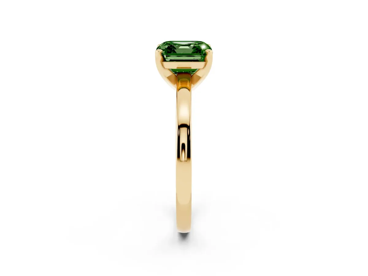 Fancy Green Asscher Cut Solitaire Diamond Engagement Ring with Four-Prong Setting on a Classic Band Yellow gold
