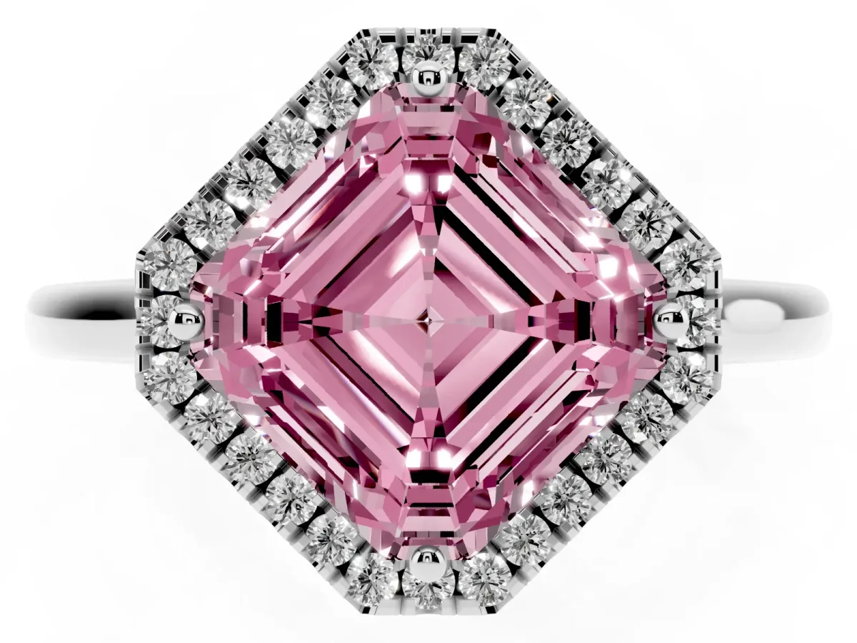 Fancy Pink Asscher Cut Halo Round Diamond Solitaire Engagement Ring with Pave Band and Four-Prong Setting Platinum