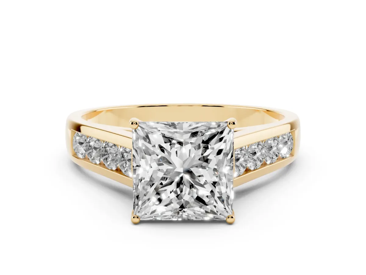 Princess Cut Solitaire Channel-Set Diamond Engagement Ring with Four-Prong Setting Yellow gold