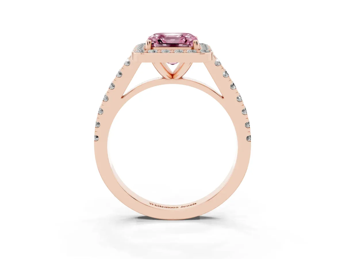 Fancy Pink Asscher Cut Diamond Halo Ring with Round Pavé Split Shank and Prong Setting Rose gold
