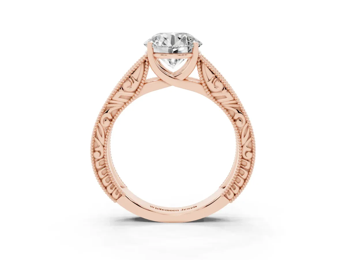 Round Cut Diamond Solitaire Ring with Engraved Band and Four-Prong Setting Rose gold