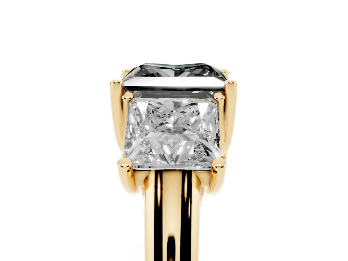 Fancy Black Three-Stone Princess Cut Diamond Engagement Ring with Prong Setting Yellow gold
