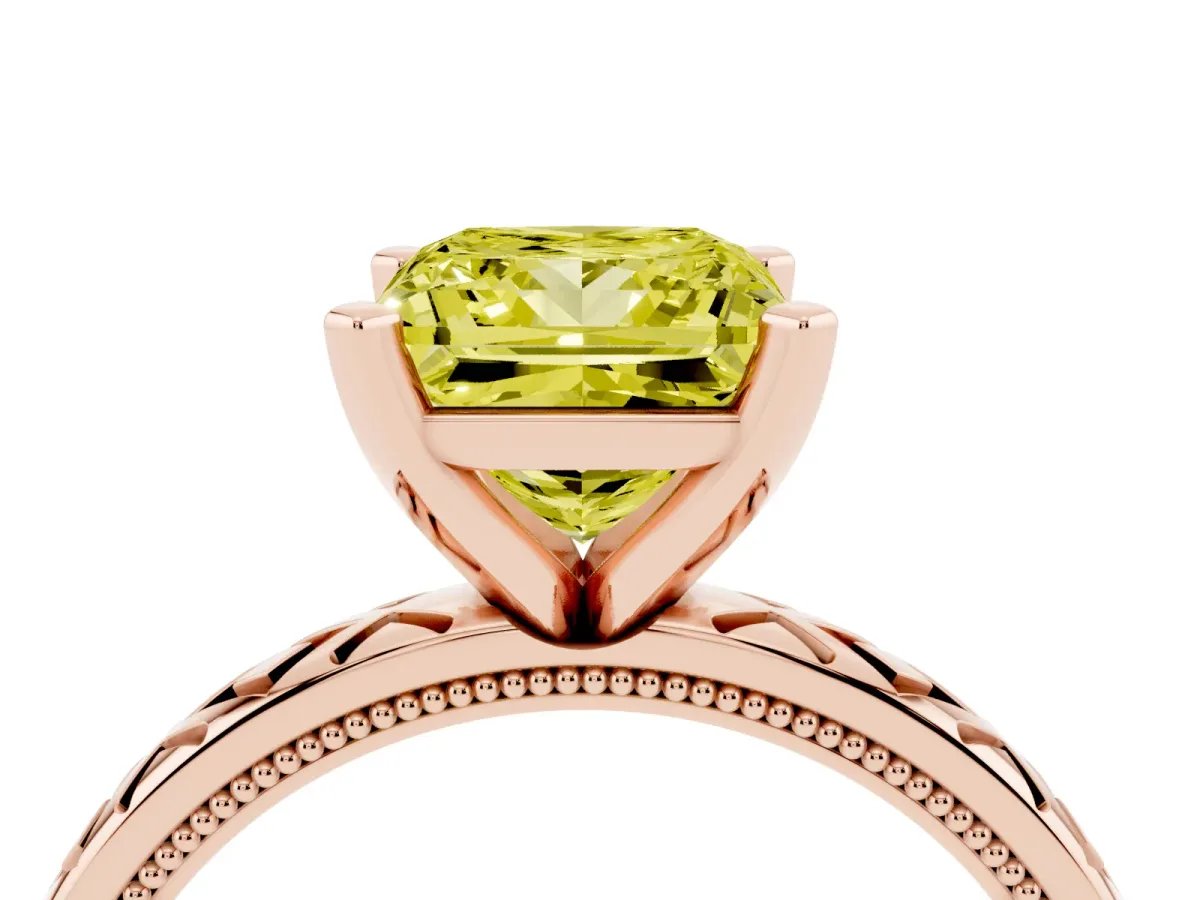Fancy Yellow Princess Cut Solitaire Diamond Ring with Milgrain and Black Enamel X Pattern Band Rose gold