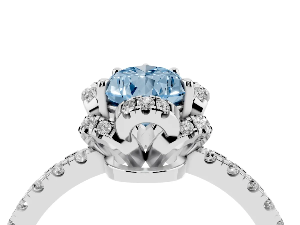 Fancy Blue Pear Cut Diamond Halo Pave Band with Four-Prong Setting Platinum
