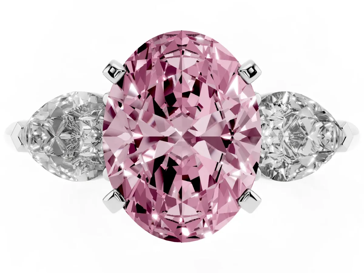 Fancy Pink Three-Stone Oval Cut Diamond Ring with Pear Side Stones and Four-Prong Setting Silver