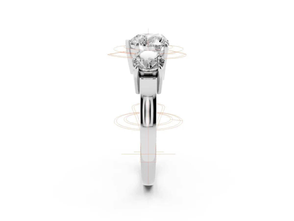 Three-Stone Heart Cut Cut Diamond Ring with Round Accent Stones, Prong Setting, and Classic Band Platinum