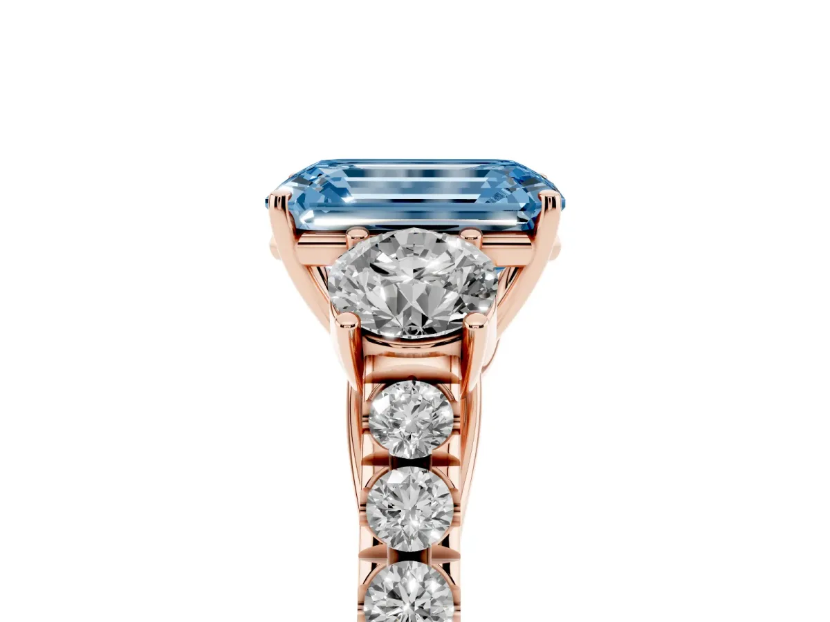 Fancy Blue Emerald Cut Cut Diamond Three-Stone Ring with Round Side Stones and Pavé Band Rose gold