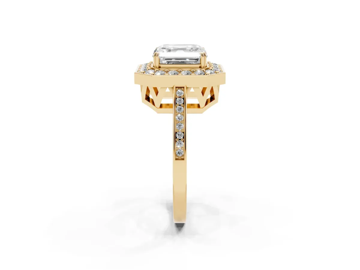 Asscher Cut Diamond Halo Ring with Split Shank and Four-Prong Setting Yellow gold