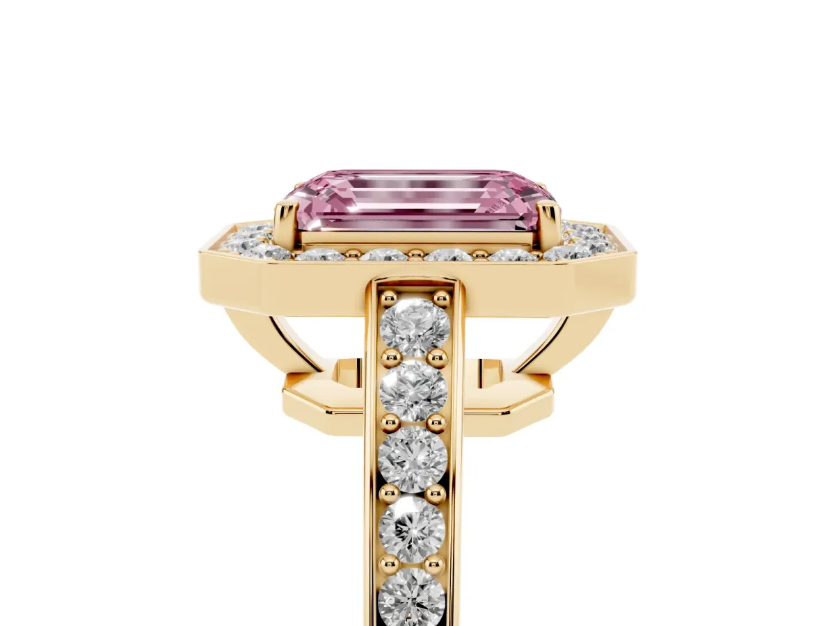 Fancy Pink Emerald Cut Halo Pavé Diamond Engagement Ring with Bezel Setting Yellow gold