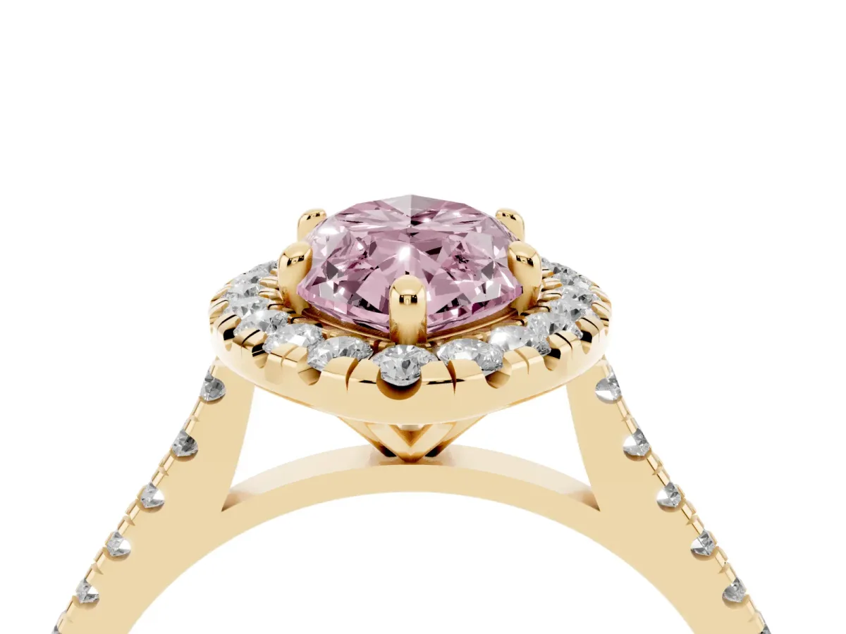 Fancy Pink Marquise Cut Diamond Cushion Halo Ring with Pavé Band Yellow gold
